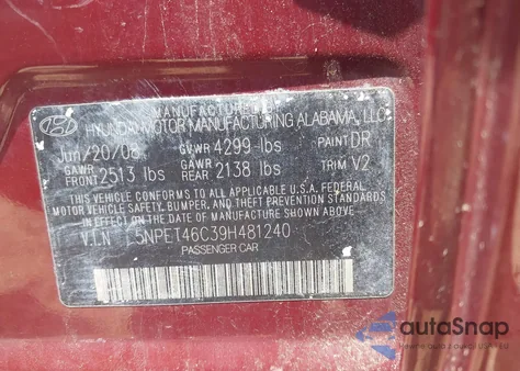 2009 Hyundai Sonata Gls from USA, damaged, VIN 5NPET46C39H481240